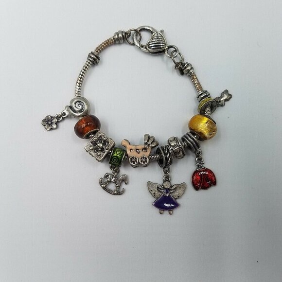 RMN Roman Baby Theme 7 1/2" Charm Bracelet Rocking Horse Carriage Enamel Glass - Picture 1 of 8